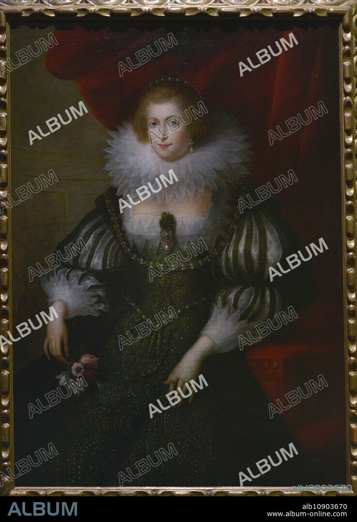 Ana de Austria (1601-1666). Reina consorte de Francia y de Navarra (1615-1643) por su matrimonio con el rey Luis XIII de Francia. Reina regente entre 1643 y 1651. Infanta de España y Portugal al ser la hija del rey de España Felipe III y la archiduquesa Margarita de Austria. Retrato anónimo basado en una pintura del Museo del Louvre que reproduce un original perdido de Rubens, pintado h. 1620-1625. Oleo sobre lienzo. Museo de Santa Cruz. Toledo. España.