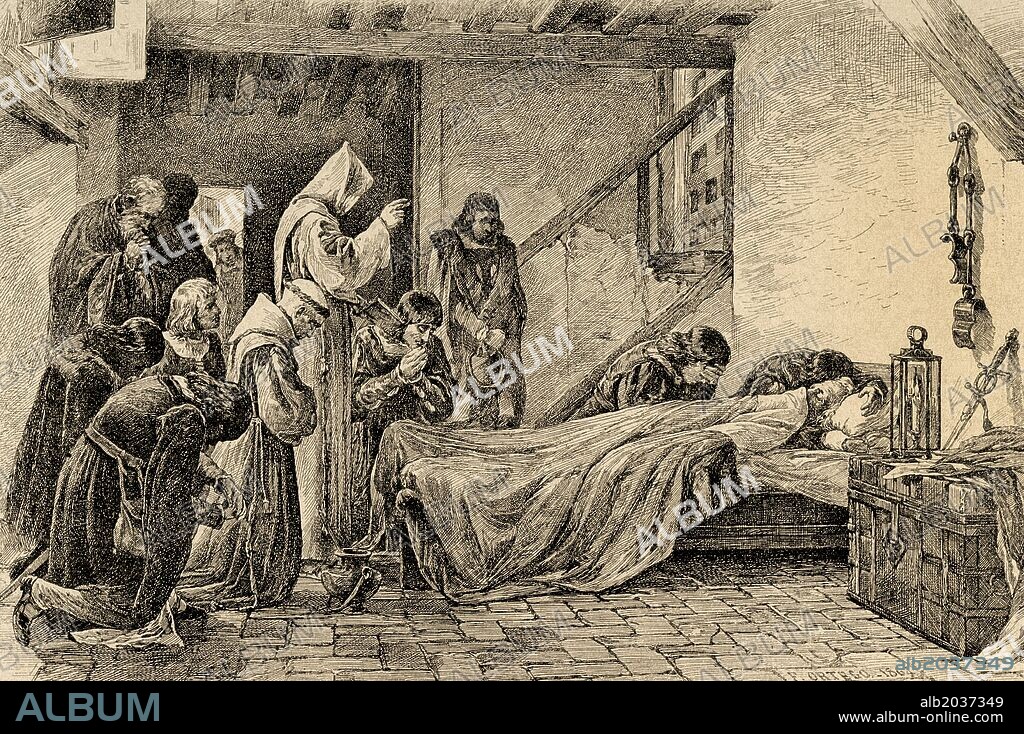 COLON, Cristóbal (1451-1506). Navegante al servicio de los Reyes Católicos. "MUERTE DE COLON". Grabado de N. Vázquez, extraido del cuadro de D. Franciso Ortego. "La Ilustración Artística", año 1892.