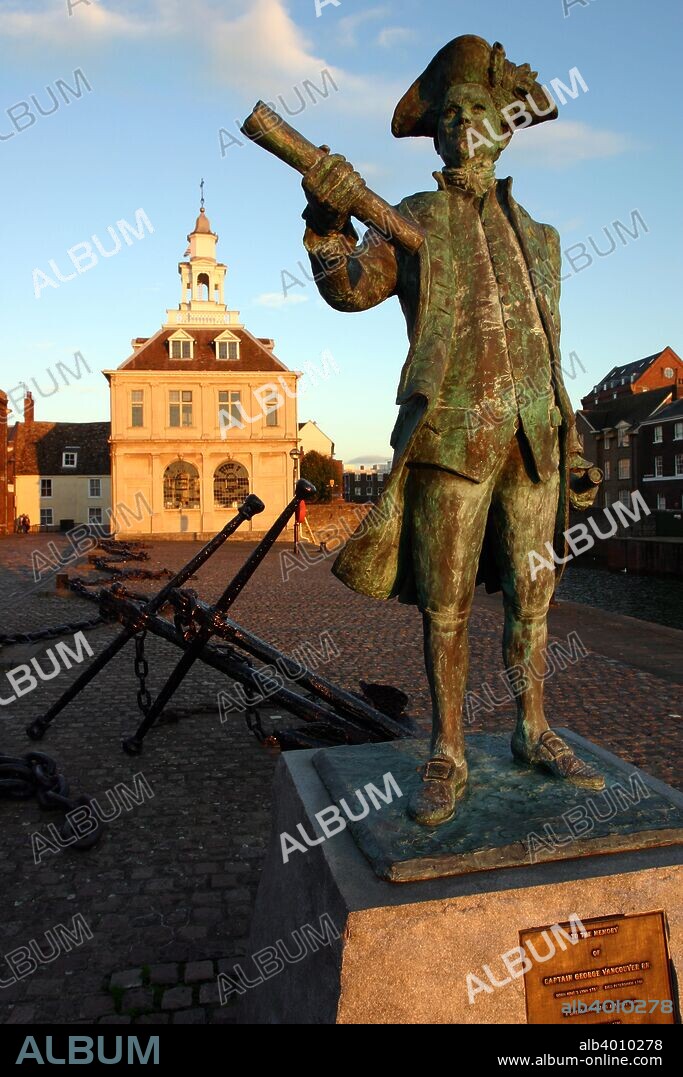 Statue of Captain Vancouver at dusk on the Purfleet Quay, King's Lynn, Norfolk.