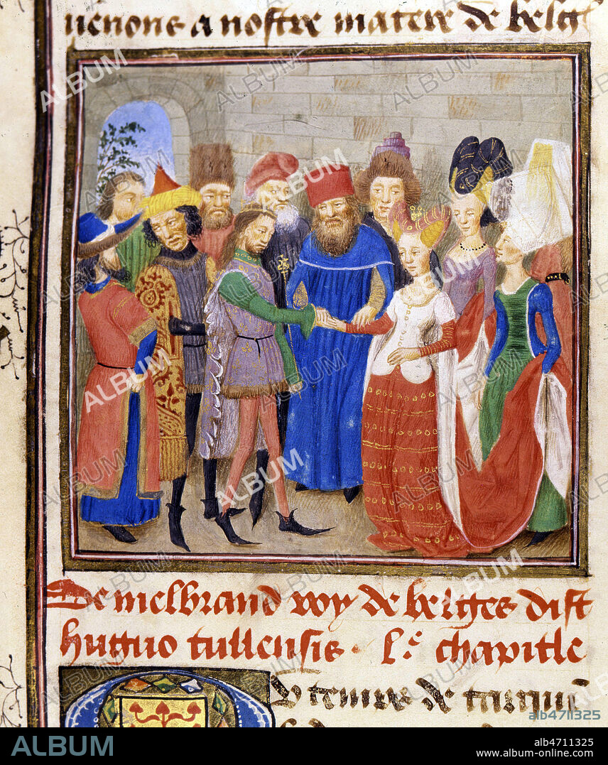 Scene de fiancailles. A noter les differentes coiffures des femmes, henin, coiffe a cornes etc. Enluminure provenant des Chroniques de Hainaut par Jacques de GUISE, au 15eme s (XVe, 15e s.). Manuscrit medieval conserve a la bibliotheque municipale de Boulogne-sur-Mer. Credit Collection JEAN VIGNE/KHARBINE TAPABOR.