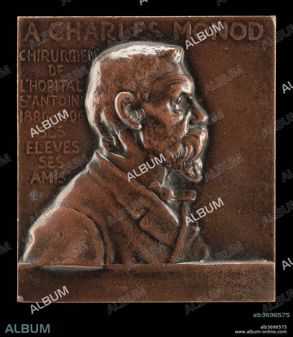 ALEXANDRE CHARPENTIER. Alexandre-Charles Monod, 1843-1921, Surgeon at L'Hôpital de St-Antoine [obverse]. Dated: c. 1906. Dimensions: overall (rectangular): 6.04 x 5.44 cm (2 3/8 x 2 1/8 in.)  gross weight: 98.41 gr (0.217 lb.). Medium: bronze.