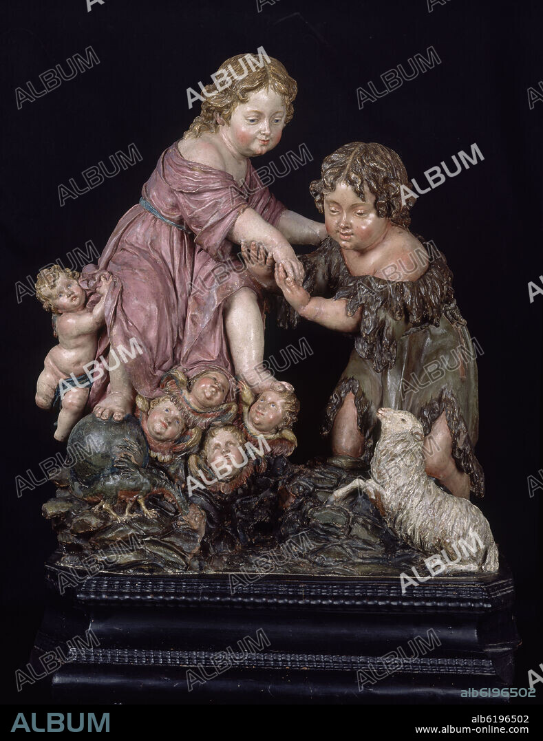 LUISA ROLDAN (1654-1704) LA ROLDANA. JESUS CON SAN JUANITO O SAN JUAN BUATISTA BAUTIZANDO A JESUS - MADERA POLICROMADA - SIGLO XVII - FOTO AÑOS 90.