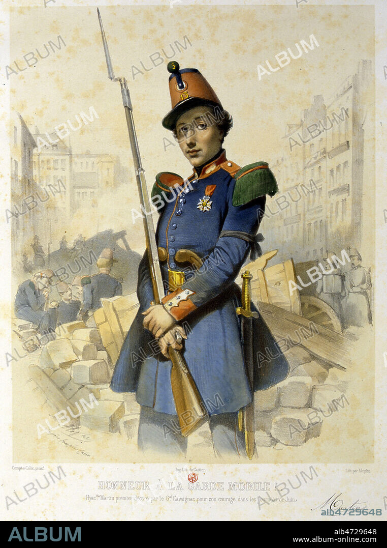 Honneur a la Garde Mobile. Hyacinthe MARTIN, garde mobile decore par le general CAVAIGNAC pour sa participation a la repression des journees de juin 1848. Illustration de COMPTE CALIX (1813-1880) pour Portrait d'hommes celebres 1848-1849. Credit : Jean Vigne/KHARBINE-TAPABOR.