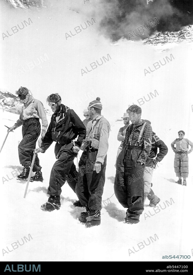 British Everest 1953 Expedition -- Hillary and Tensing on arrival back at the advanced based. June 19, 1953.