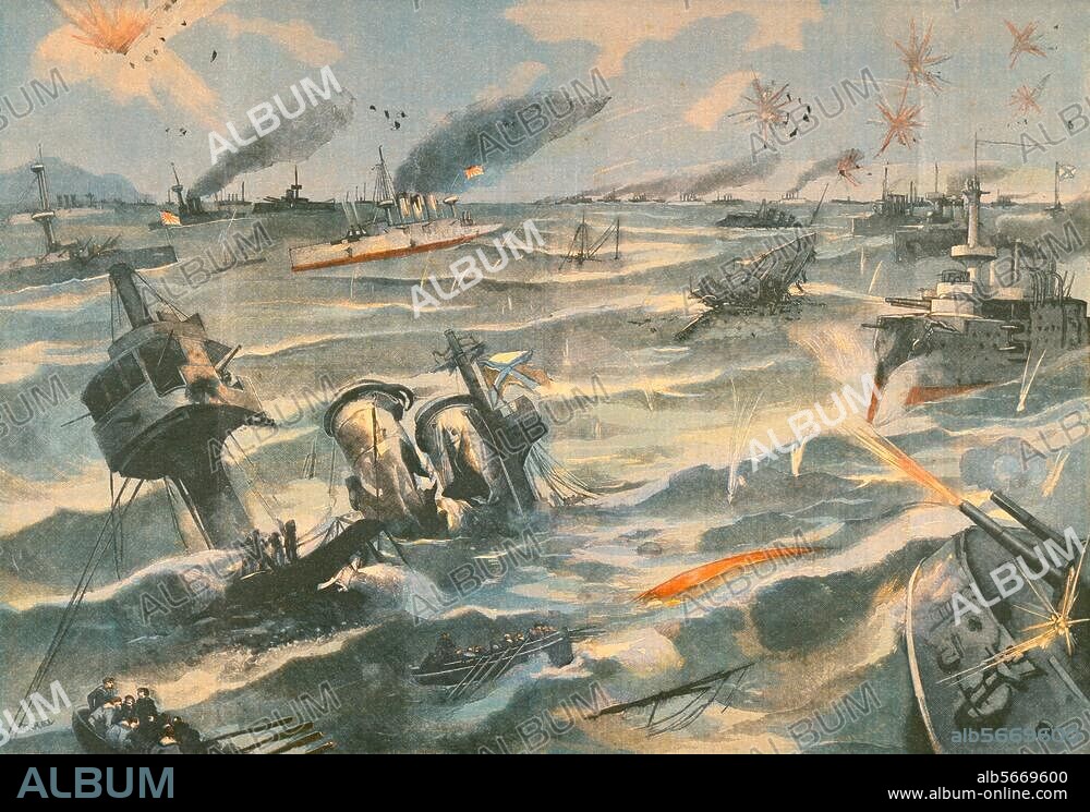 Russisch-japanischer Krieg 1904/05. Seeschlacht von Tsushima, 27. Mai 1905. (Die russ. Flotte wird durch die Japaner unter Admiral Togo vernichtet). "Un desastre russe. La bataille navale de Tsoushima". Farbdruck. Aus: Le Petit Parisien, Supplement litteraire illustre, 17. Jg., Paris, 11. Juni 1905. Berlin, Sammlung Archiv für Kunst und Geschichte.