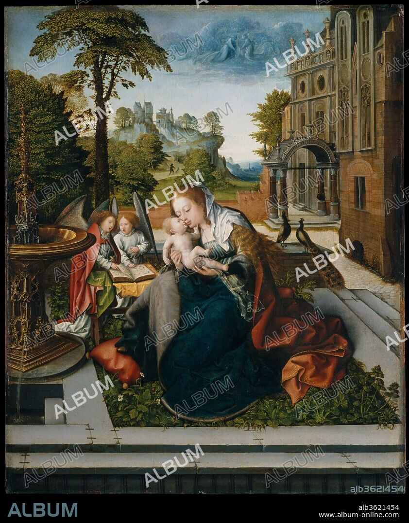 Virgin and Child with Angels. Artist: Bernard van Orley (Netherlandish, Brussels ca. 1492-1541/42 Brussels). Dimensions: 33 5/8 x 27 1/2 in. (85.4 x 69.9 cm). Date: ca. 1518.

Van Orley probably painted this refined and intimate picture of the Virgin and Child about the time of his appointment in 1518 as official painter to Margaret of Austria, regent of the Netherlands. A courtly Madonna of Humility, the Virgin wears a luxurious fur-trimmed dress and is seated on the ground in the enclosed but spacious garden of her palace. She is accompanied by two singing angels, who are echoed by grisaille angels in heaven. The distant background testifies to the painter's awareness of the developing landscape genre, and the elaborately ornamented fountain incorporates Italian Renaissance decorative motifs.