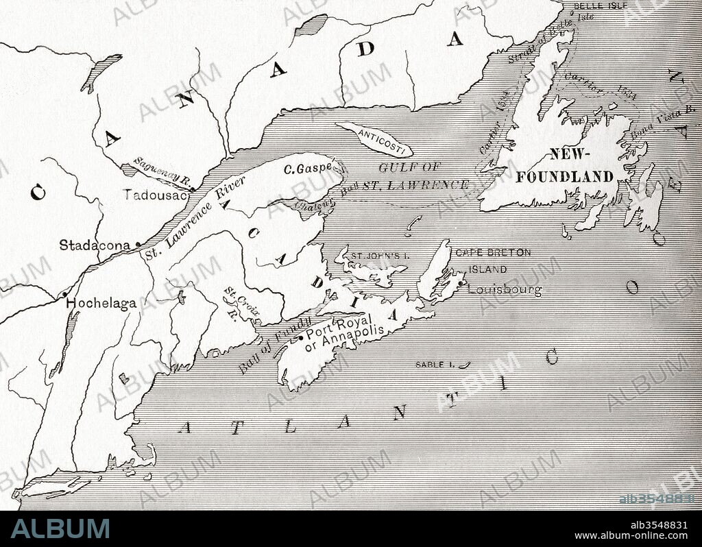 Map of Acadia, 17th century colony of New France in northeastern North America, and the water highway to Canada. From The History of Our Country, published 1899.