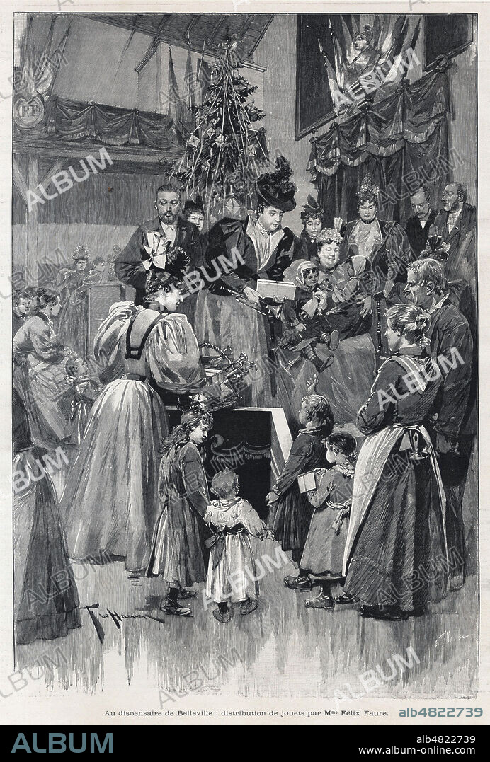 Au dispensaire de Belleville : distribution de jouets par Mme Felix FAURE (1842-1920). Illustration de Frederic de HAENEN (1853-1929) pour L'Illustration du 4 janvier 1896. Credit : Collection Kharbine-Tapabor.