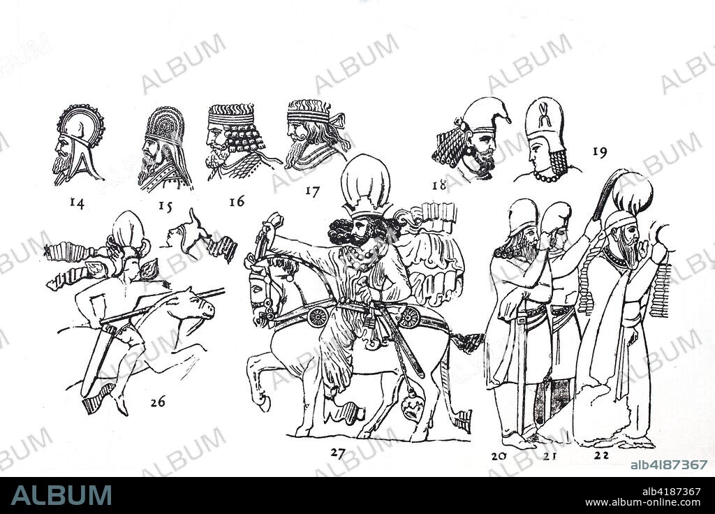 Fashion, clothing of the Sassinid period in the early Middle Ages, in Persia c. 227-636 AD, top left, Parthians with various helmets and headbands, bottom left, Sassanid rider and king with nimbus and crown, right above and below, Parther figures after Iranian rock reliefs and a long-sleeved original robe of the Parthians, digital improved reproduction of an original print from the 19th century.