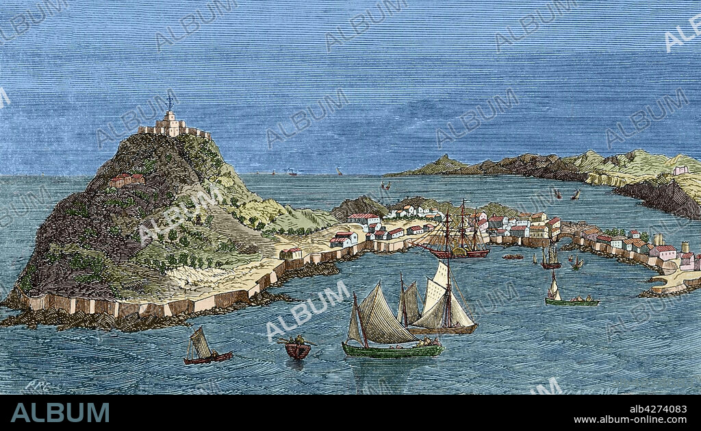 VILAPLANA. 19TH CENTURY ENGRAVER. España. Ceuta. Grabado por Vilaplana. Coloreado. Crónica General de España, Historia Ilustrada y Descriptiva de sus Provincias. Andalucía, 1867.