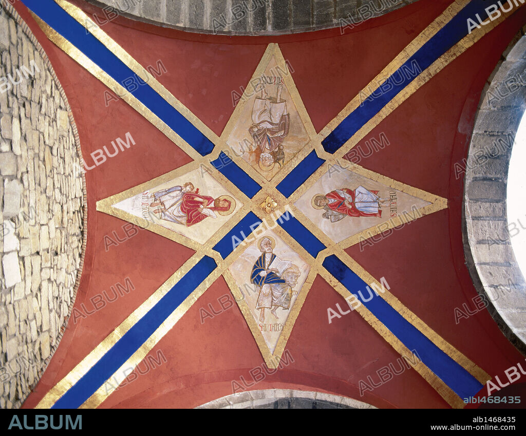 LOS CUATRO EVANGELISTAS: SAN JUAN, SAN MARCOS, SAN LUCAS y SAN MATEO. PINTURA MURAL de la BOVEDA del atrio de la IGLESIA PARROQUIAL DE NUESTRA SEÑORA DE LA ASUNCION. ARCENIEGA (ARTZINIEGA). Provincia de Alava. País Vasco.
