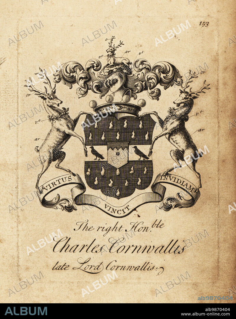 Coat of arms of the Right Honourable Charles Cornwallis, Lord Cornwallis, 4th Baron Cornwallis, 1675-1721. Copperplate engraving by Andrew Johnston after C. Gardiner from Notitia Anglicana, Shewing the Achievements of all the English Nobility, Andrew Johnson, the Strand, London, 1724.