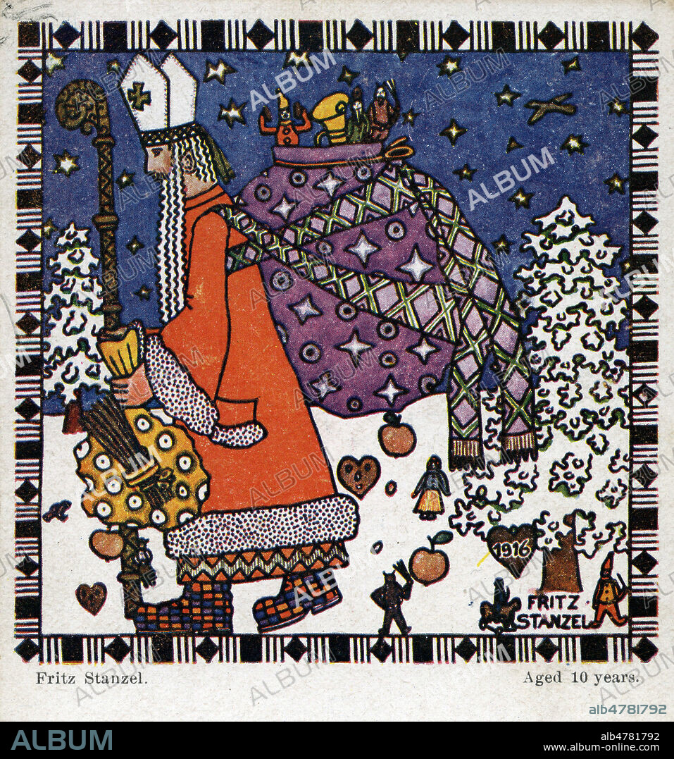 Saint Nicolas avec une hotte pleine de jouets. Illustration par Fritz STANZEL pour une carte postale de 1916. Credit : Collection IM/KHARBINE-TAPABOR.