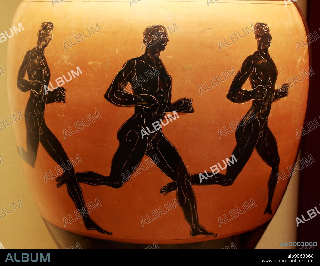 Panathenaic prize-amphora with three runners. Three nude athletes compete in a foot-race. Their arms are bent close to their sides and their postures indicate that they are not sprinters buy long distance runners.