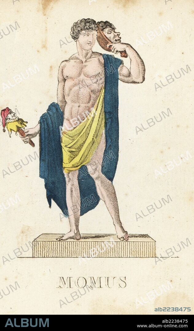 Momus, Greek god of satire and mockery, shown lifting a mask from his face and holding a stick puppet. Handcoloured copperplate engraving engraved by Jacques Louis Constant Lacerf after illustrations by Leonard Defraine from "La Mythologie en Estampes" (Mythology in Prints, or Figures of Fabled Gods), Chez P. Blanchard, Paris, c.1820.