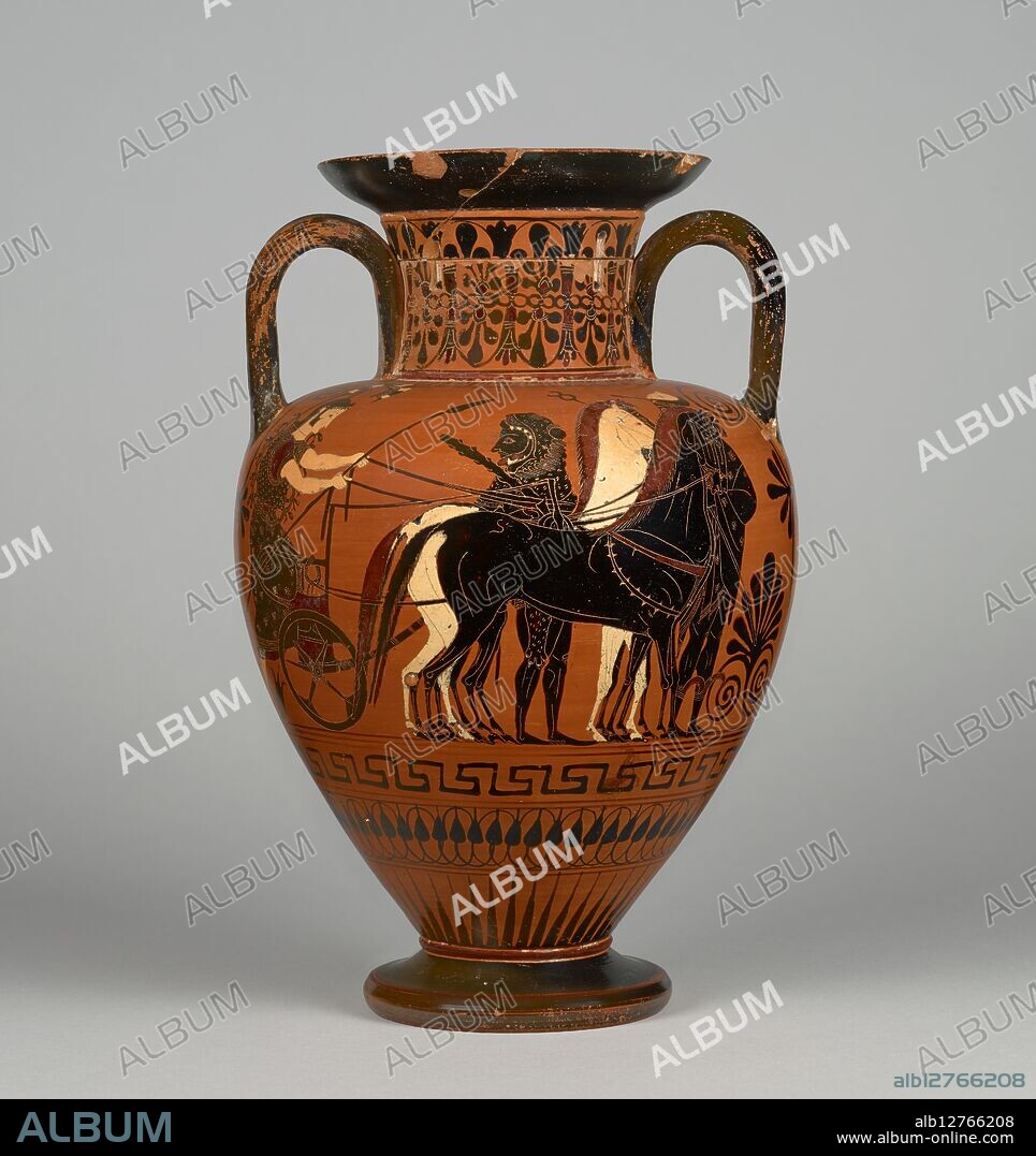 MEDEA GROUP and BAREISS PAINTER. Attic Black-Figure Neck-Amphora, 530-520 BC. Storage Jar with Athena Bringing Herakles to Mount Olympus;Storage Jar with a Fight between Thracians and a Greek;.   Additional Info: The apotheosis of Herakles decorates the front of this Athenian black-figure amphora. Identified by his attributes of club and lionskin, Herakles waits while the goddess Athena, his protective deity, mounts the chariot that will drive him to the home of the gods on Mount Olympos. Hermes, the messenger of the gods, stands behind the horses' heads preparing to lead the chariot. The back of the vase shows a battle scene in which a hoplite, or heavily armed infantryman, falls to the ground between two cavalrymen.This vase was broken and extensively repaired in antiquity. One handle was reattached with staples, and the mouth of the amphora was replaced with one taken from another similar vessel. The substitute mouth appears to be at least twenty years later than the original, indicating that the vase had been used for some time before it was damaged.