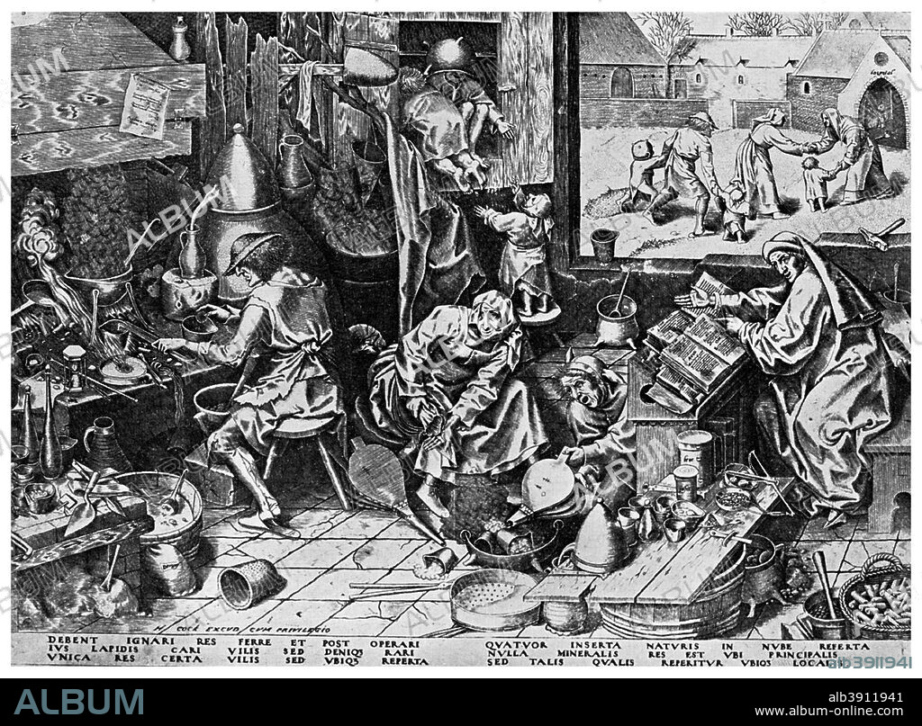 Elixir of Life: 'The Alchemist', 1558 (1956). From the Kupferstichkabinett, Berlin. A print from 'Ideas, a volume about the origin and early history of many things, common and less common, essential and inessential', by Readers Union The Grosvenor Press, London, 1956.