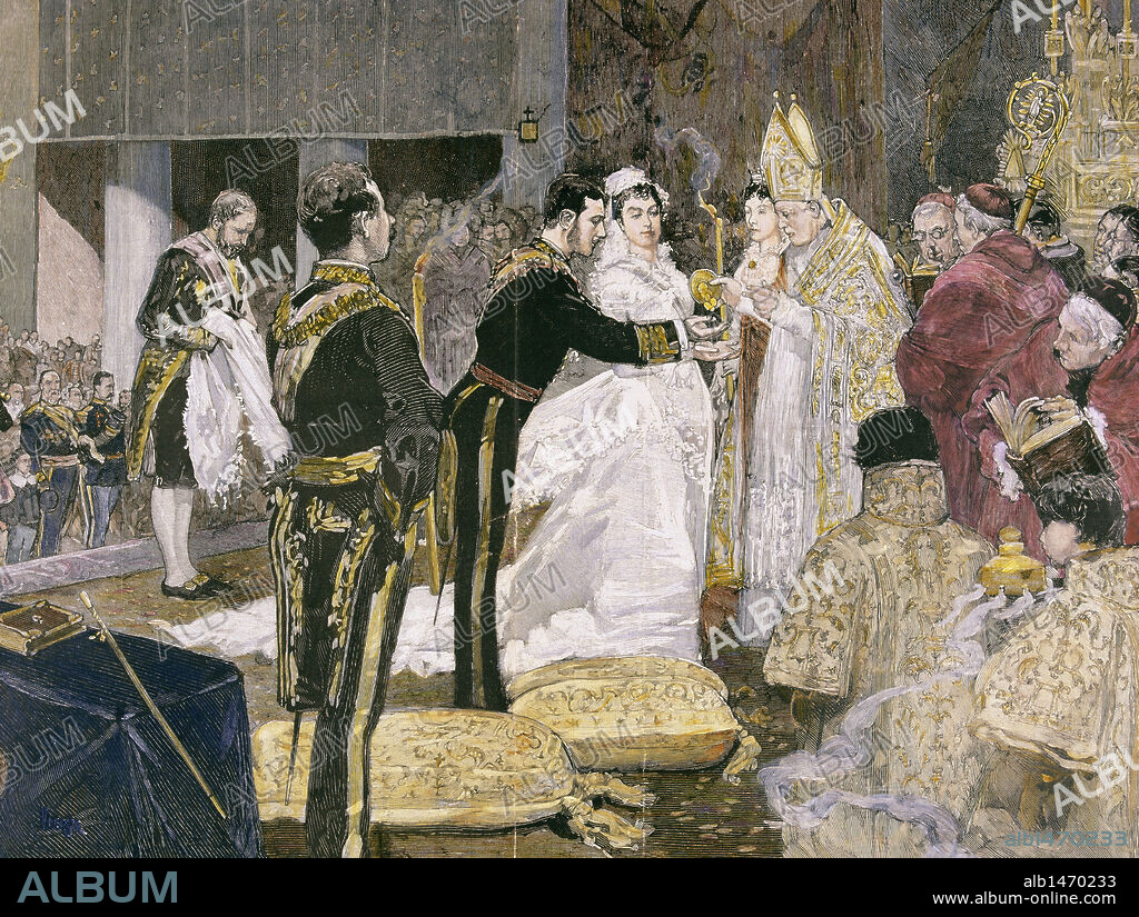 ALFONSO XII (Madrid,1857-Madrid,1885). Rey de España (1875-1885). CELEBRACION DE LA BODA CON MARIA MERCEDES DE ORLEANS. Acto de entregar las arras a S. M. el Rey. Grabado coloreado.