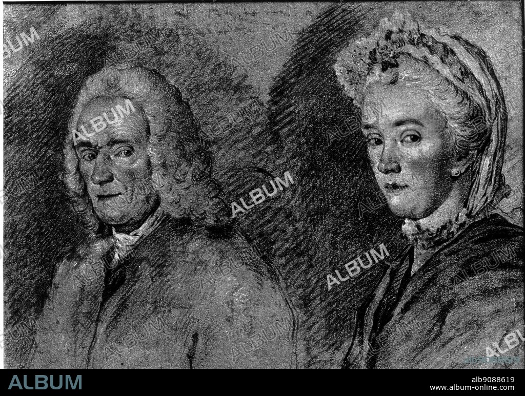 Voltaire and his niece, Mme Denis; crayon drawing by C. N. Cochin the Younger.