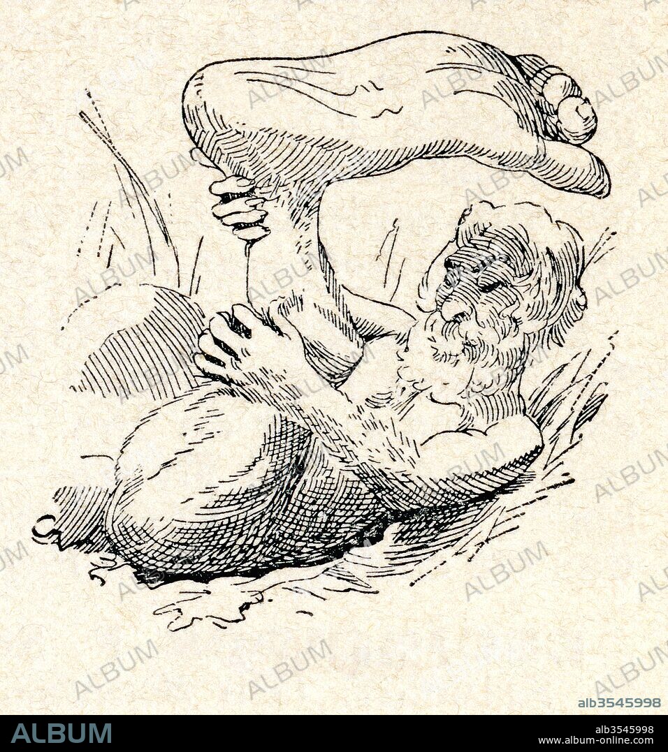 A monopod aka sciapod, skiapod, skiapode. Mythological human creature with a single, large foot extending from a leg centered in the middle of its body, used for providing shade for the face. From Enciclopedia Ilustrada Segui, published c. 1900.