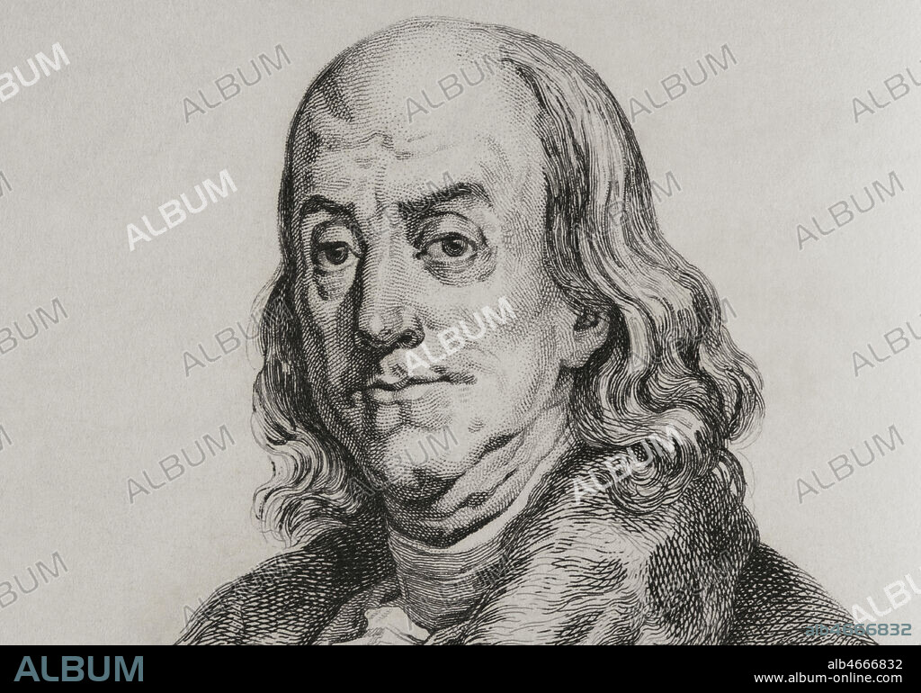 Benjamin Franklin (1706-1790) American scientist, inventor and politician. In 1776 he wrote, with Jefferson and John Adams, the Declaration of Independence of the United States of America. Engraving by Lemaitre. Panorama Universal. History of the United States of America, from 1st edition of Jean B.G. Roux de Rochelle's Etats-Unis d'AmŽrique in 1837. Spanish edition, printed in Barcelona, 1850.