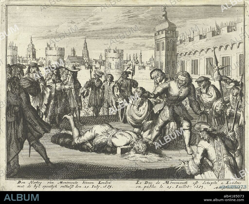 Execution of the Duke of Monmouth, 15th July 1685 (etching). James Scott (1649-85) 1st Duke of Monmouth, 1st Duke of Buccleuch; illegitimate son of Charles II; he was executed by Jack Ketch on 15 July 1685, on Tower Hill.