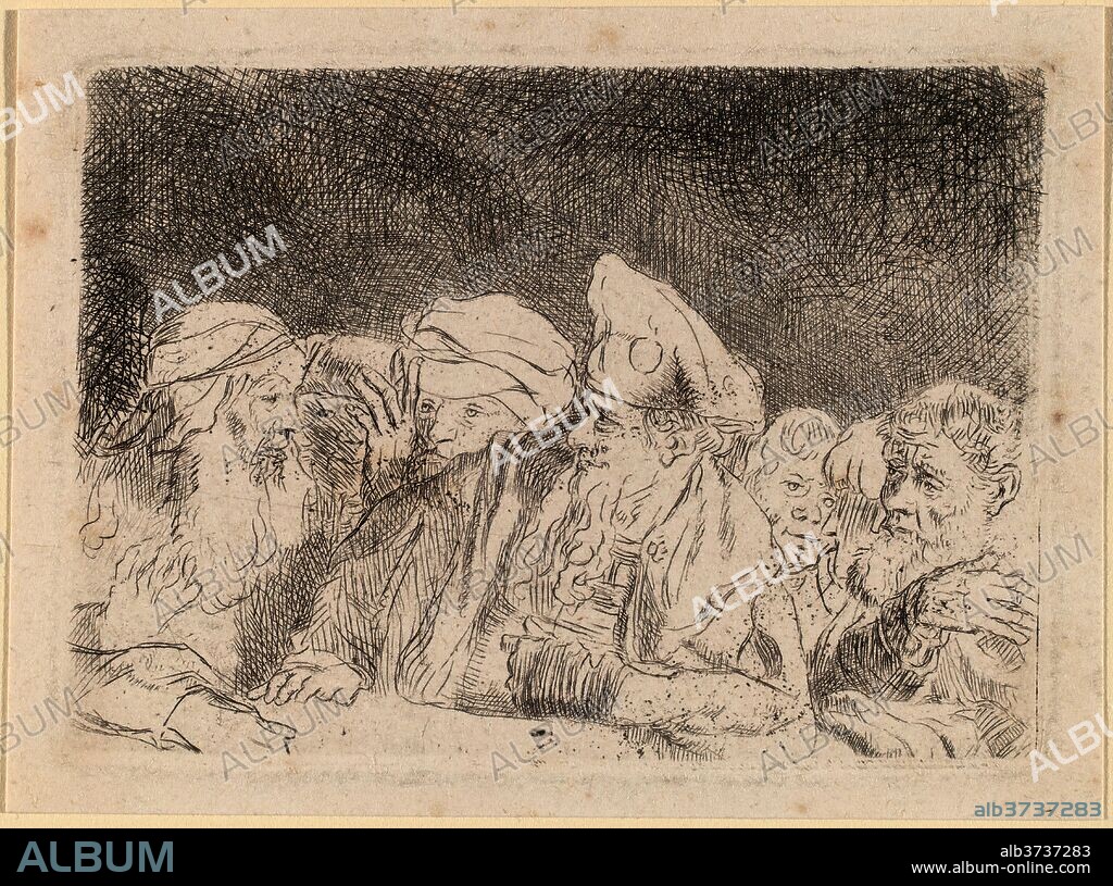 REMBRANDT VAN RIJN AND WILLIAM BAILLIE. The Pharisees Debating (Fragment from the Hundred Guilder Print). Dated: c. 1649. Dimensions: plate: 14.2 x 7.5 cm (5 9/16 x 2 15/16 in.)  sheet: 15 x 8.2 cm (5 7/8 x 3 1/4 in.). Medium: etching with drypoint and engraving on laid paper.