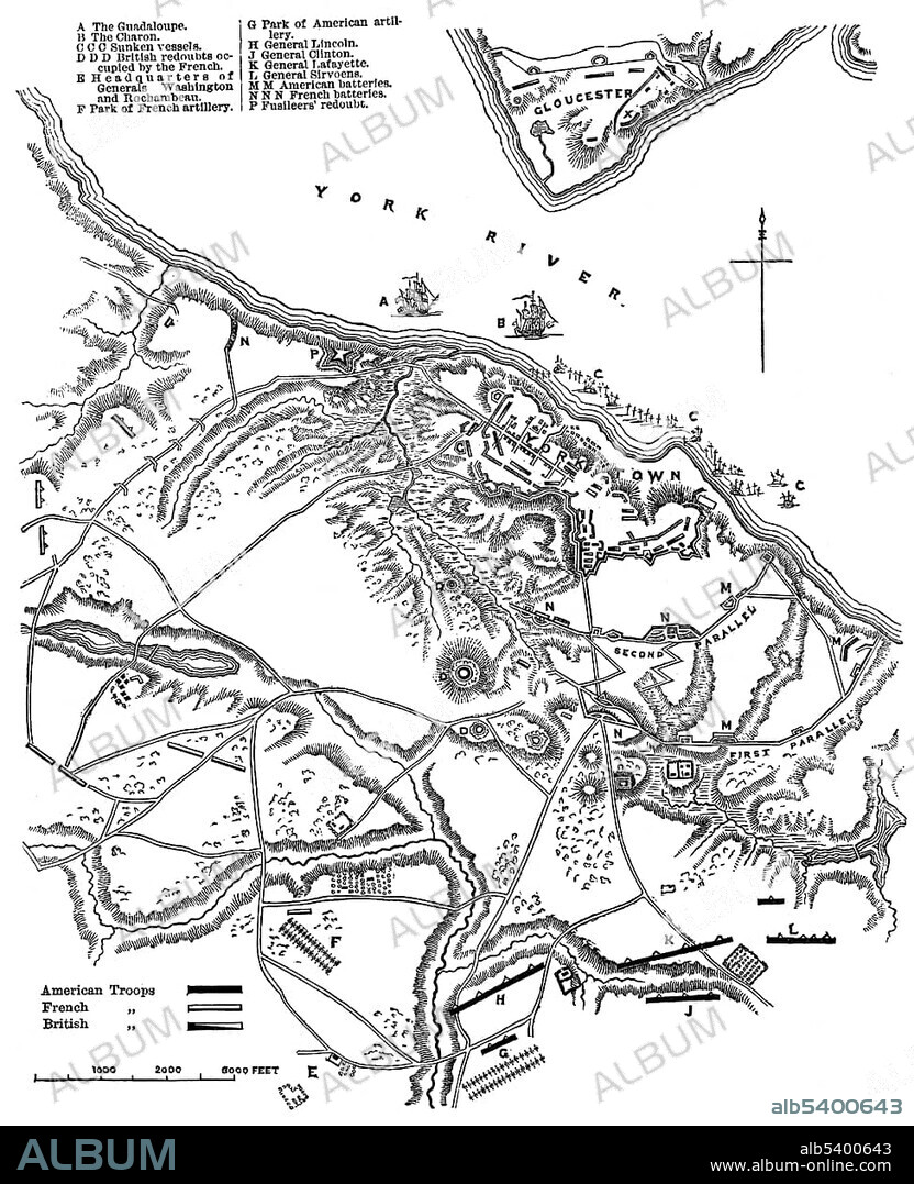 Historical drawing, US-American history, 18th century, map of the Battle of Yorktown, 1781, York County, Virginia, USA, North America.
