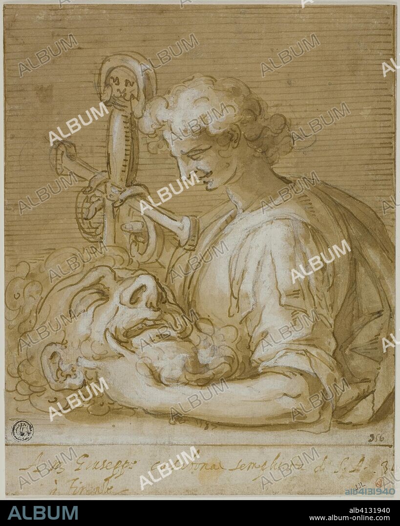 David with Goliath's Head and Sword. Giovanni Battista Paggi; Italian, 1554-1627. Date: 1587. Dimensions: 259 x 175 mm. Pen and brown ink with brush and brown wash, heightened with lead white and traces of graphite, on ivory laid paper, laid down on ivory laid paper. Origin: Italy.