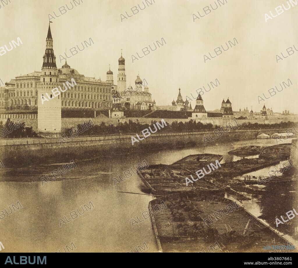 "South Front of the Kremlin from the Old Bridge," a view of the Great Palace of the Kremlin across the Moscow River, taken by Roger Fenton (English, 1819-1869) in 1852. The octagonal bell tower of Ivan the Great rises just above and to the right. Fenton, who had taken up photography a few months earlier, traveled to Russia with an acquaintance who was constructing a bridge for Czar Nicholas I. This image is one of the earliest surviving photographs of Russia.