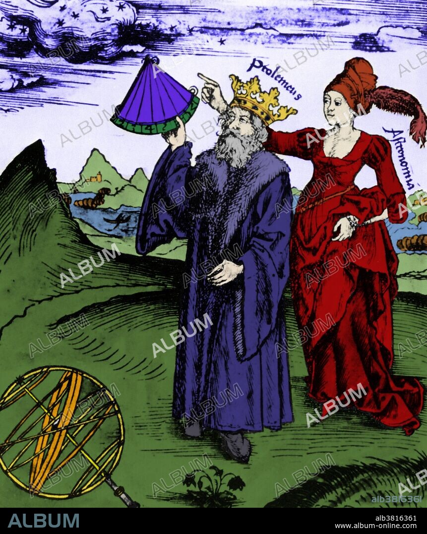 Ptolemy using a quadrant and being guided by the muse Astronomy. Claudius Ptolemy (90-168 AD), was a Greek-Roman citizen of Egypt (Claudius is a Roman name and Ptolemaeus is a Greek name). He was a mathematician, astronomer, geographer, astrologer, and poet of a single epigram in the Greek Anthology. Ptolemy was the author of several scientific treatises. His astronomical treatise, the Almagest, is the only surviving comprehensive ancient treatise on astronomy. Ptolemy's other main work is his Geographia, a compilation of what was known about the world's geography in the Roman Empire during his time. His astrological treatise, a work in four parts, is known by the Greek term Tetrabiblos, or the Latin equivalent Quadripartitum: Four Books in which he attempted to adapt horoscopic astrology to the Aristotelian natural philosophy of his day. It was used and consulted for over 1000 years. Ptolemy also wrote an influential work, Harmonics, on music theory and the mathematics of music. Few details of Ptolemy's private life are known for certain. From the Margarita philosophica (Pearl of Wisdom) of Gregor Reisch (1467 - 1525). The first edition was published in 1503.