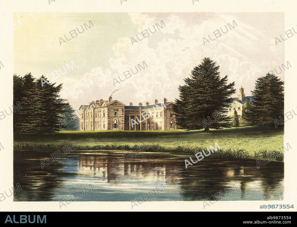 Compton Verney. House, Warwickshire, England. Georgian neo-classical house built by Sir John Vanburgh in 1714 and later remodelled by architect Robert Adam with gardens and lake landscaped by Lanceleot Capability Brown in the 1760s for John Peyto-Verney, 14th Baron Willoughby-de-Broke. Colour woodblock by Benjamin Fawcett in the Baxter process of an illustration by Alexander Francis Lydon from Reverend Francis Orpen Morriss Picturesque Views of the Seats of Noblemen and Gentlemen of Great Britain and Ireland, William Mackenzie, London, 1880.