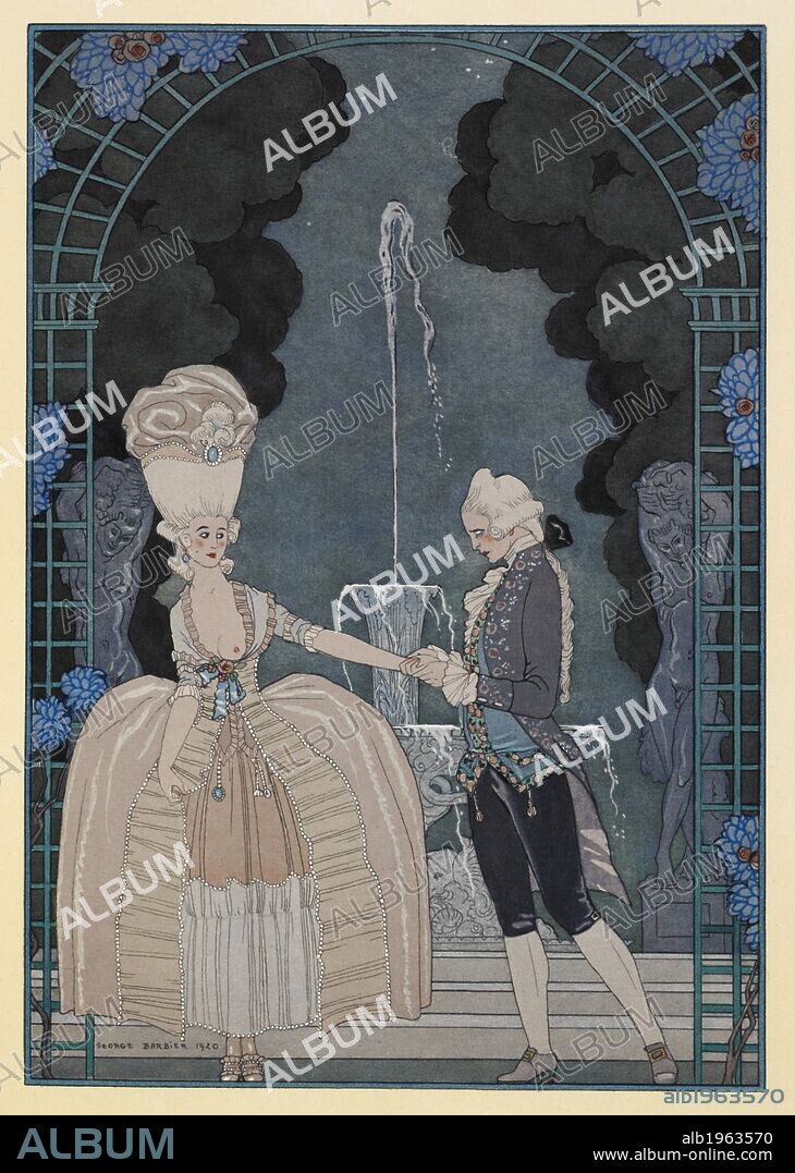 Colloque Sentimental. A man holding a woman's hand. FÃªtes galantes. [PoÃ¨mes]. Illustrations de George Barbier. Paris: H. Piazza, 1928. FÃªtes Galantes is an album consisting of romantic prints of French life among the upper classes of the 19th century. Rich aristocrats of the French court used to play gallant scenes from the commedia dellâ€™ arte that were called Fetes Galantes. The prints accompany Paul Verlaine's poetry. Each album contains 20 lithograph prints with pochoir highlighting by George Barbier. Source: L.45/2847. Language: French.
