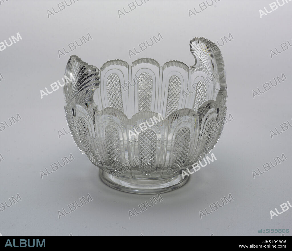 Bowl, Glass, Round body on short foot, 2 fan-shaped handles extending up from scalloped lip; body cut with design of vertical sections each with an oval panel of small diamonds, thin vertical fluting sections around lip, rayed flutes on handles; cutting very sharp., Ireland, ca. 181030, glasswares, Decorative Arts, Bowl.