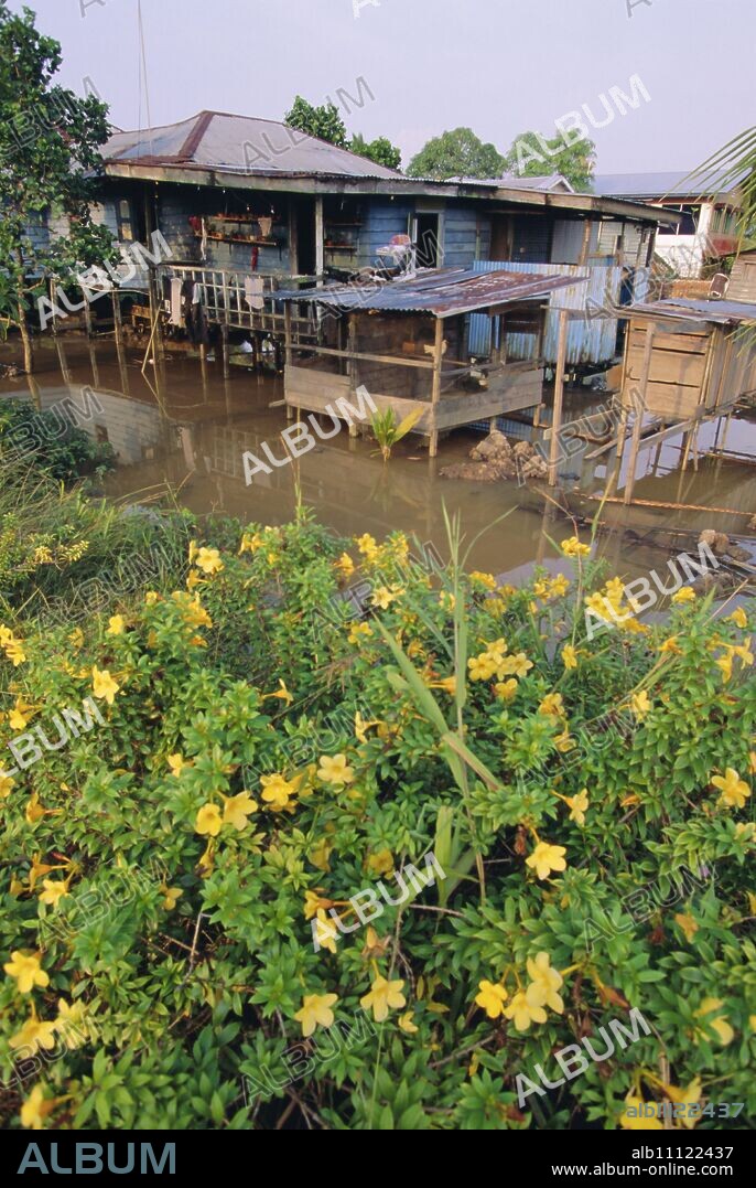 Stilt houses on the Rejang River, Sarikei, north west Borneo, Sarawak, Malaysia.