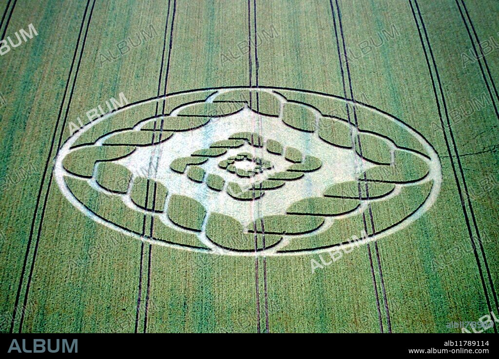 Crop circles in southern England, 2002. South Field, Alton Barnes, Wiltshire. Crop circles are organized harmonic forms that manifest around the world, the result of an energy interacting with the physical world - in this case plants. This energy is comprised of light, sound and magnetism.