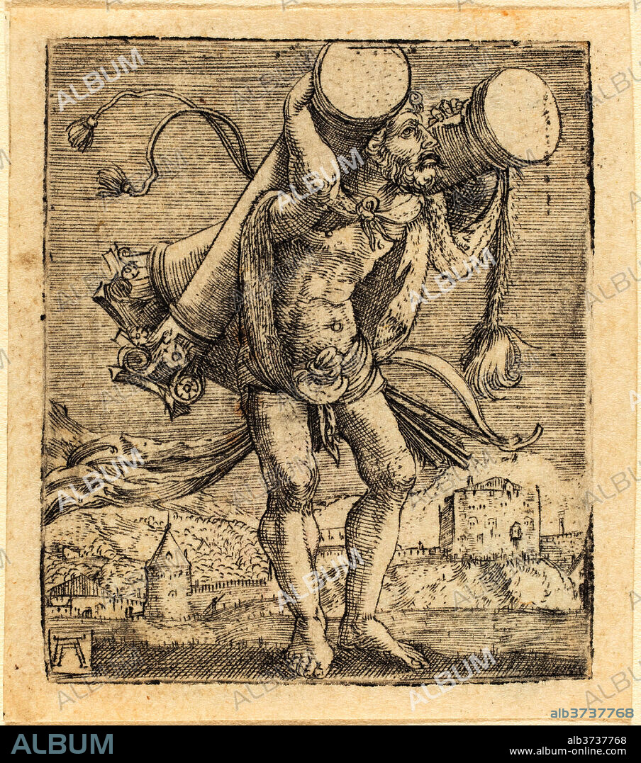 ALBRECHT ALTDORFER. Hercules Bearing the Column of Gades. Dated: c. 1520/1525. Medium: engraving.