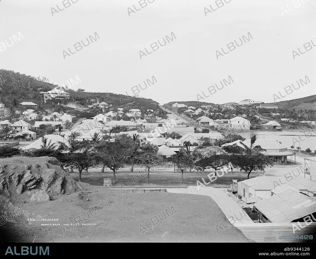 Noumea, Burton Brothers studio, photography studio, 1899, Dunedin, black-and-white photography, Panorama of township with tropical foliage including coconut and palm trees amongst colonial buildings looking out over harbour to right and rise with more buildings and a road running to ridge in centre.