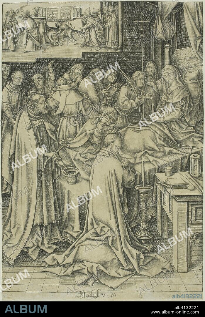 Death of the Virgin. Israhel van Meckenem; German, c. 1440/45-1503. Date: 1476-1486. Dimensions: 260 × 181 mm (image); 267 × 181 mm (sheet trimmed within plate mark). Engraving in black on cream laid paper. Origin: Germany.