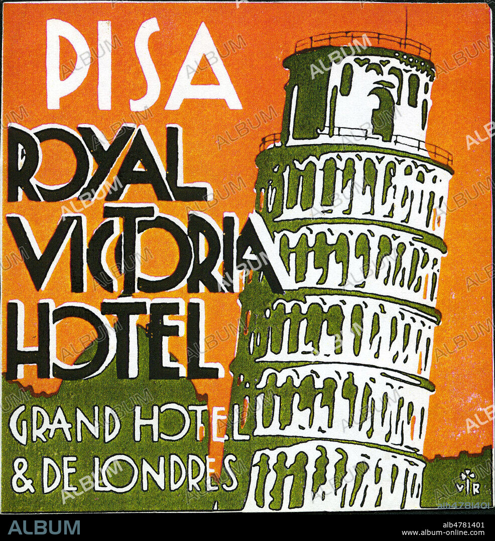 'Pisa, royal victoria hotel'. Etiquette d'hotel vers 1925. Illustration anonyme. Credit : Collection IM/KHARBINE-TAPABOR.