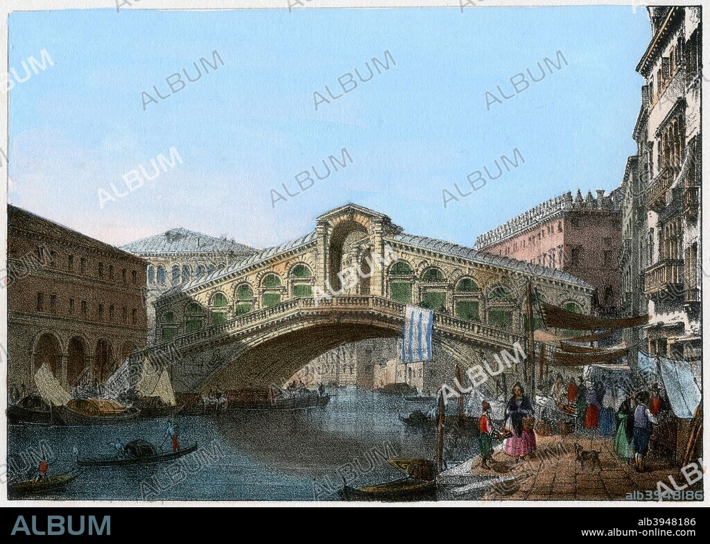 Rialto Bridge, Venice, Italy, 19th century(?). The Rialto Bridge, which spans the Grand Canal, was designed by Antonio da Ponte and Antonio Contino and built between 1588 and 1591.