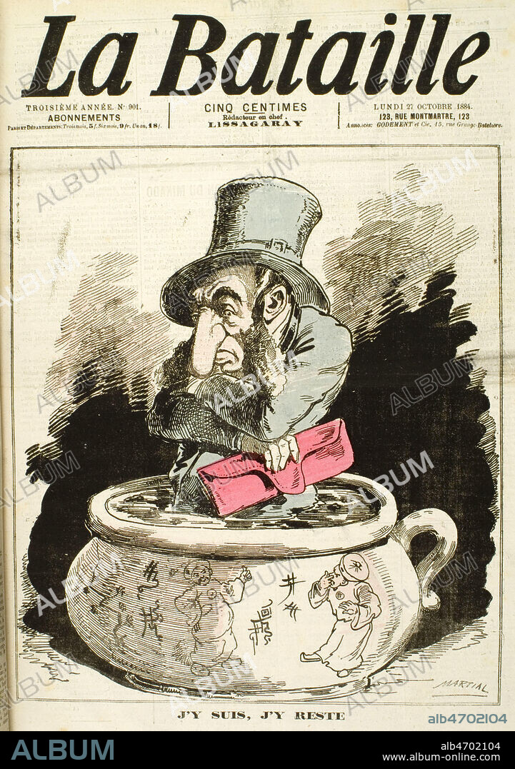 J'y suis, j'y reste. Jules FERRY dans le pot de chambre tonkinois. Illustration de MARTIAL (1828-1885) pour La Bataille de 1884. Jules Ferry, embourbe dans la guerre coloniale a l'oeuvre au TOnkin, qui lui vaudra la fin de sa carriere de president du conseil en 1885. Affaire du Tonkin, mars 1885. Credit : Coll. Dixmier/KHARBINE-TAPABOR.