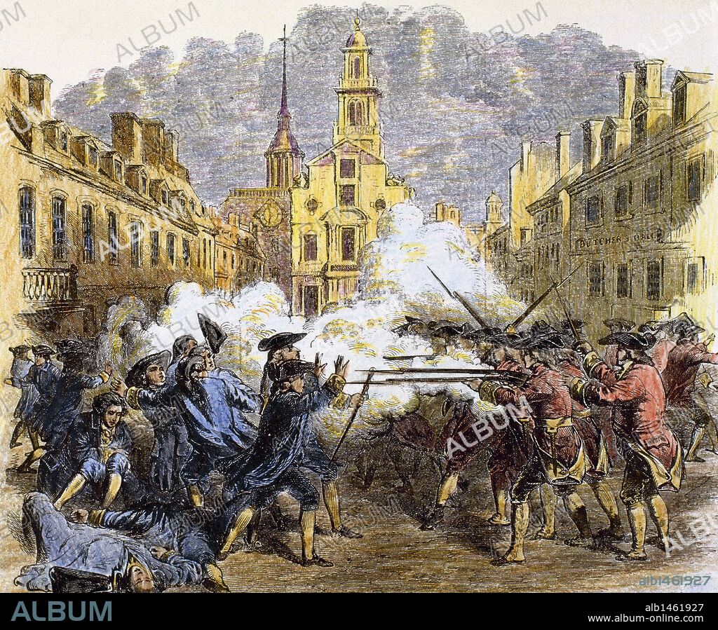GUERRA DE LA INDEPENDENCIA AMERICANA (1775-1783). "LA MASACRE DE BOSTON" (5 de marzo de 1770) que, junto con el motín del té, dio origen a la rebelión contra los ingleses. Grabado.
