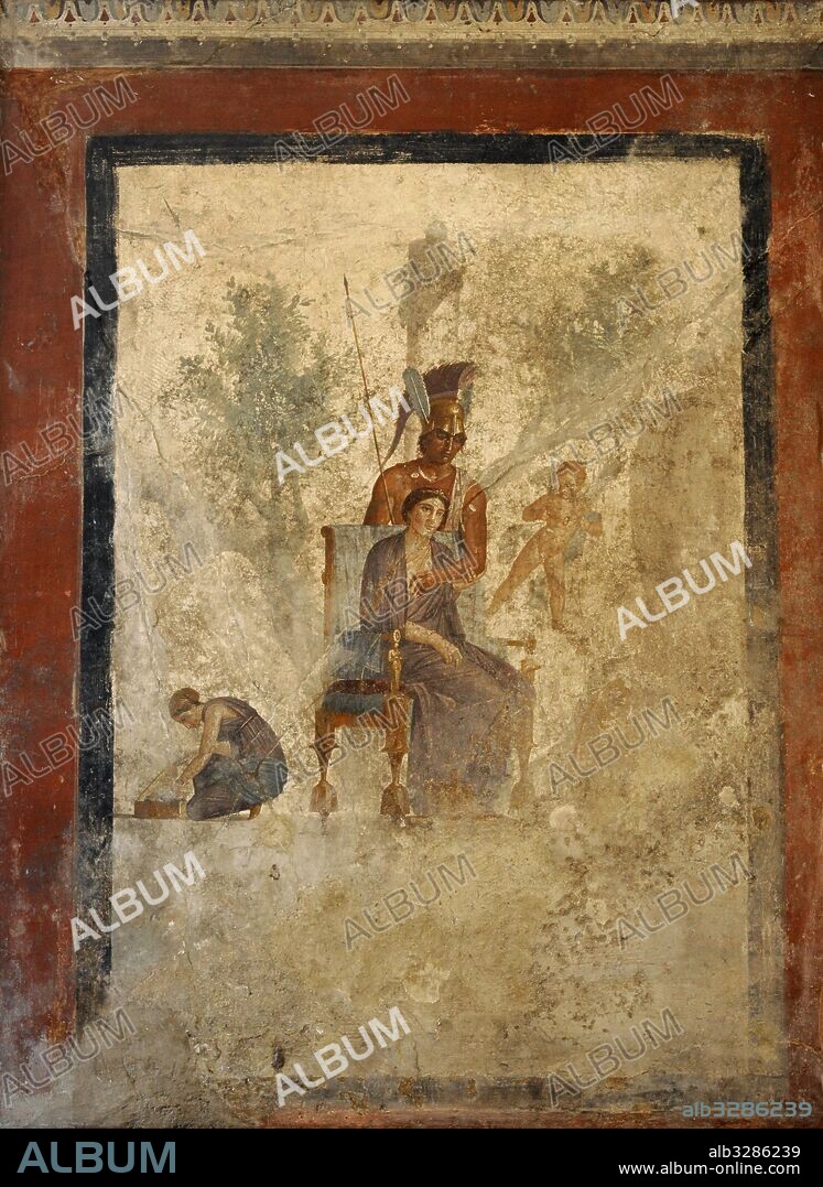Escena de seducción entre Marte y Venus en presencia de un amorcillo y una sirvienta. Fresco romano. Primera época imperial. Casa del Amor Castigado. Pompeya. Museo Arqueológico Nacional. Nápoles. Italia.