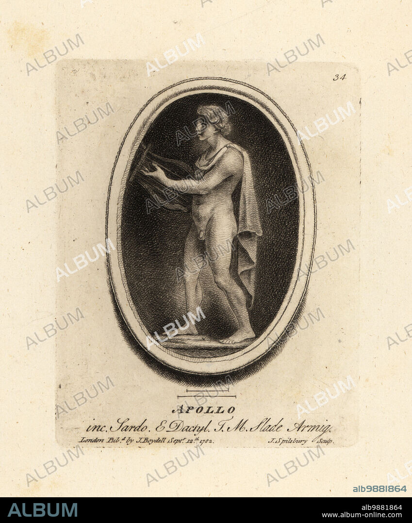 Figure of Apollo, Greek and Roman god of archery, music, dance, truth and poetry. Holding a lyre. Engraved on sardonyx and dactylotheca from the collection of the art dealer Thomas Moore Slade. Mezzotint copperplate engraving by John Spilsbury from his Collection of Fifty Prints from Antique Gems, John Boydell, London, 1785.