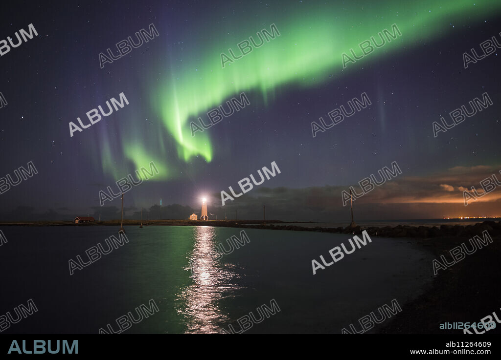 Northern Lights (Aurora Borealis) at Grotta Island Lighthouse, Seltjarnarnes Peninsula, Reykjavik, Iceland, Polar Regions.
