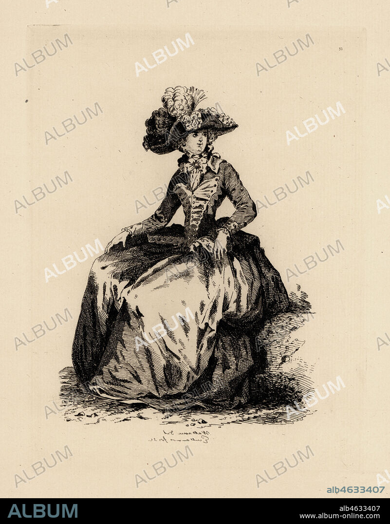 Fashionable woman with tricorn hat, redingote over petticoat, era of Marie Antoinette. Copperplate etching by Auguste Etienne Guillaumot from Costumes et coiffures du XVIIIe siecle, Costumes and hairstyles of the 18th century, Cagnon, Paris, 1875. Original illustration by Francois Louis Joseph Watteau from the Gallerie des Modes et Costumes Francais, 1778-1787.