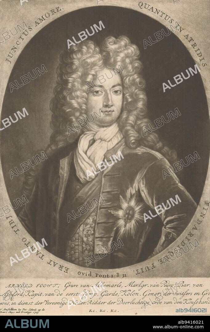 Portrait of Arnold Joost van Keppel, Count of Albemarle, Portrait of Arnold Joost van Keppel in an oval frame with border lettering. In the lower margin his name and titles., print maker: Pieter Schenk (I), after painting by: Gottfried Kneller, publisher: Pieter Schenk (I), (mentioned on object), Amsterdam, 1703, paper, engraving, height 256 mm × width 174 mm.