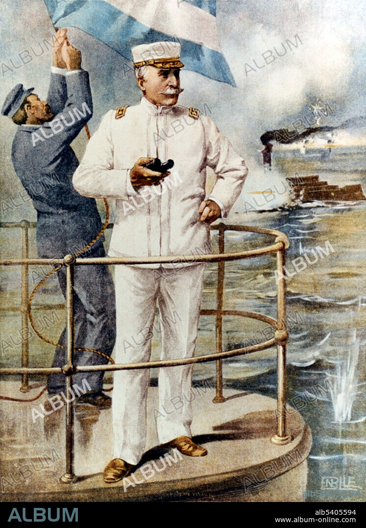 Dewey on the bridge of his flagship, USS Olympia, during the Battle of Manila Bay. George Dewey (December 26, 1837 - January 16, 1917) was Admiral of the Navy, the only person in US history to have attained the rank. He entered the US Naval Academy in 1854, graduated in 1858, and assigned executive lieutenant of the USS Mississippi at the beginning of the Civil War. He participated in the capture of New Orleans and the Siege of Port Hudson. He is best known for his victory at the Battle of Manila Bay during the Spanish-American War, with the loss of only a single crewman on the American side. Collection of C.J. Dutreaux (cropped and cleaned).