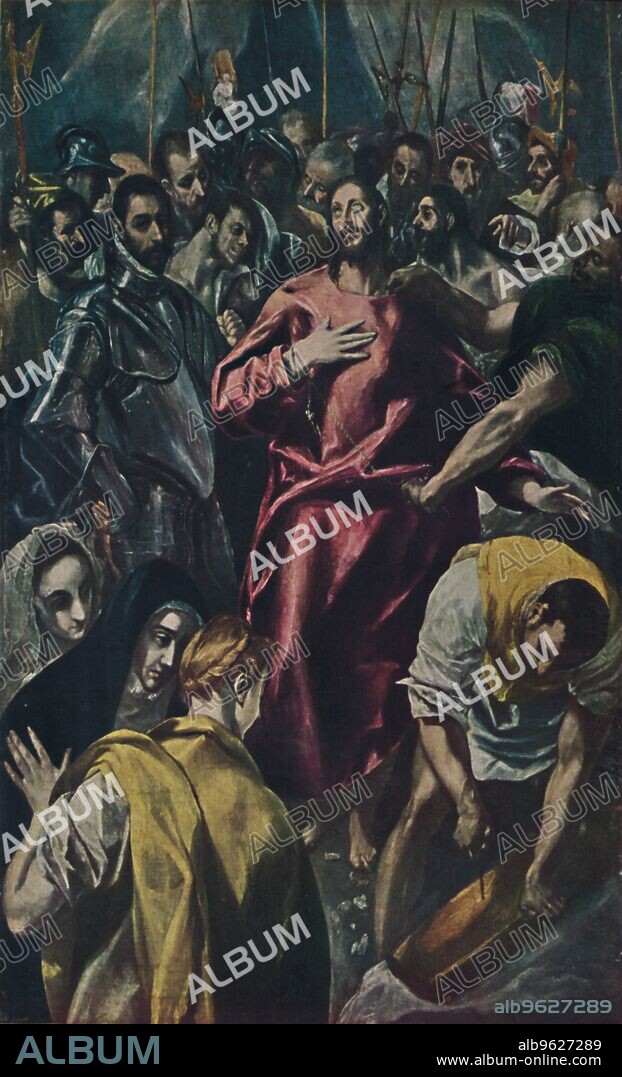 'Espolio (Entkleidung Christi.)', (Disrobing of Christ), c1580-1595, (1938). The Disrobing of Christ or El Expolio was begun in the summer of 1577 and completed in the spring of 1579 for the High Altar of the sacristy of the Cathedral of Toledo.  From El Greco. [George Allen & Unwin Ltd, London, 1938].